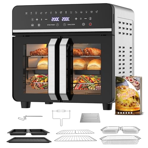 EMPHSISM Friteuse sans Huile 23L XXL Mini Four avec Portes Françaises, Air Fryer 2600W Dual Zone avec Smart-Touch, Sync Finish, 15 Programmes, Livre de Recettes & 13 Accessoires Inclus, Corps en Métal