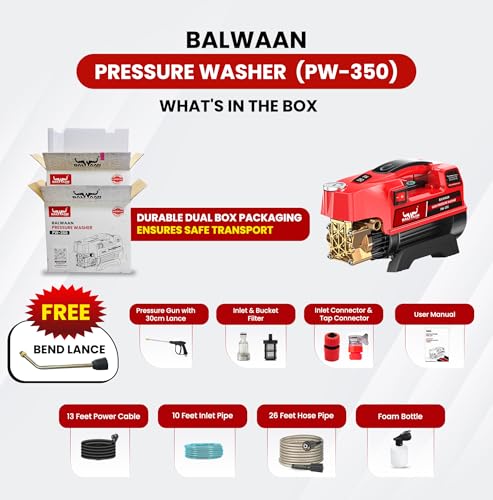 Image of Balwaan Krishi Pressure Washer Brass Coated Pump 1800w Motor 120-150 Bar Pressure 7.5 LPM Water Flow, 26 Feet Hose Pipe, Straight and Bend Lance Ideal for Car Wash and Cleaning Purpose (Red) | PW-350