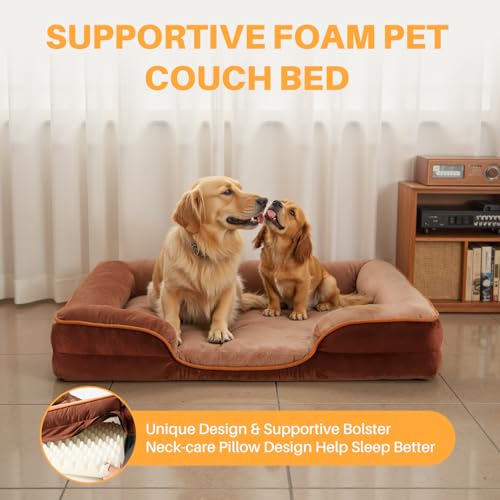 Image of NEWBULIG 35x25 Inch Orthopedic Dog Bed, Extra Large Sized Dog Couch Bed with Washable Cover, Foam Sofa for Indoor Cats, Soft Fluffy Surface, Brown