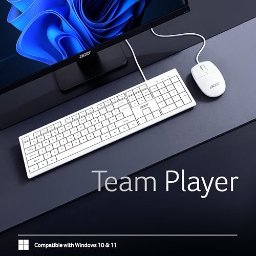 Image of Acer OfficeMate Wired Keyboard Mouse Combo | 104 Keys Full Size Keyboard | 1200 DPI Optical Mouse | USB Plug & Play | Silent Soft Touch Keys | Ergonomic Design | Windows Compatible I White