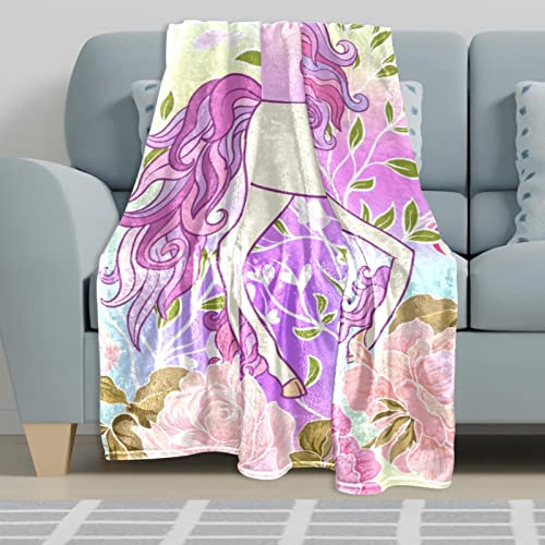 Couverture polaire licorne et fleur violette douce pour lit ou canapé de chambre