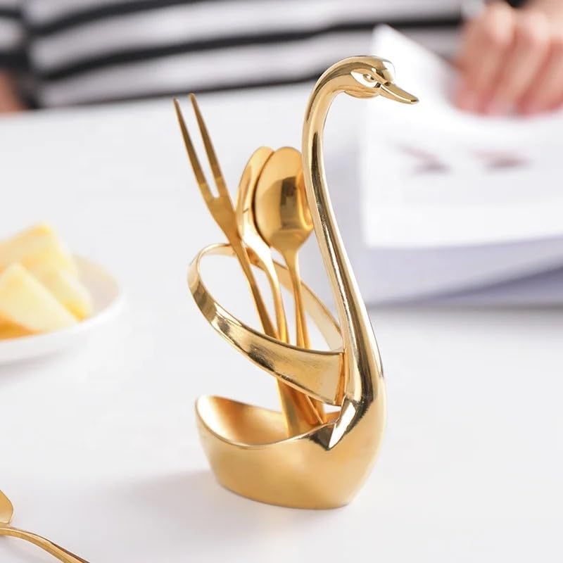 Miniatura 5 de Juego de cucharas de postre de café, juego de 12 cucharas de metal, cuchara de café pequeña y elegante y organizador con cisne, cuchara de cisne