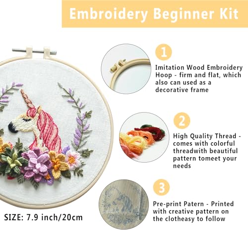 Image of GOGLAM Embroidery Kit for Beginners, 5 Set Embroidery Starter Kit Flowers for Adults, DIY Punch Needle Kit with Flower Wreath Animal Pattern, Hoop, Needle, Hand Embroidery Kit