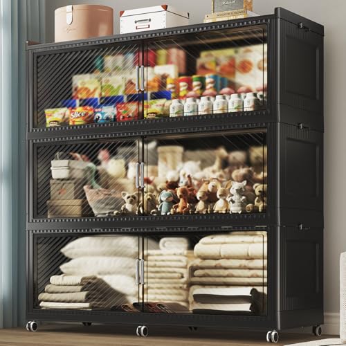 Image of 240 Gallon Extra Large Collapsible Storage Bin with Lid, 960QT Stackable Plastic Organizer with 6x Wheels, Foldable Drawer Cabinet for Closet, Living Room Office, Kitchen 3Pack, Black