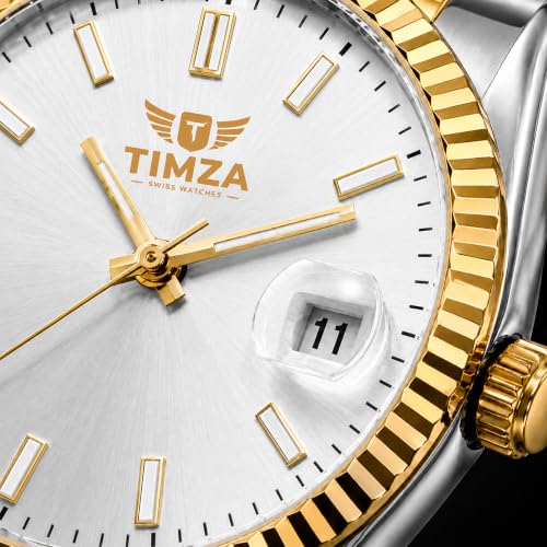 Image of Classic Off-White Dial Quartz Watch for Men with Stainless Steel Two Tone Bracelet (Silver-Golden), Magnified Date Window & Water Resistant Build