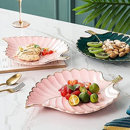 Miniatura 3 de Bandejas de cerámica para joyas, plato para anillos, plato de cerámica para dulces, plato en forma de hoja (verde negruzco, mediano)