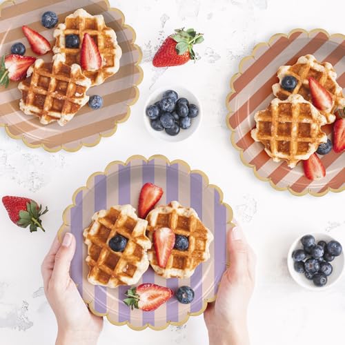 Image of Party Paper Plates, 50-Pack 9-Inch Bulk Disposable Decorative Paper Plates with Gold Scalloped Trim, 6 Colors for Tea Party, Easter, Garden Party, and Bridal Showers, Gilded Pastel Duet Stripes