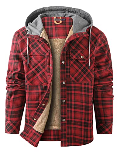 Flygo Men's Flannel Jacket Loose Plaid Sherpa Lined Flannel Shirt Snap Button Warm Winter Jackets Pockets(02HoodedRed-S)