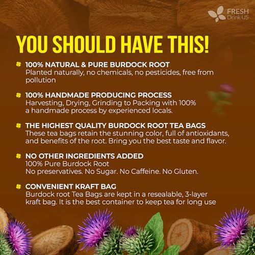 Image of FreshDrinkUS, Premium 40 Burdock Root Tea Bags, 100% Natural & Pure from Burdock Root. Made with Natural Material Tea Bags. No Sugar, No Caffeine, No Gluten, Vegan.