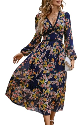 Women's Spring Wrap Maxi Dress Floral V Neck Long Sleeve Wedding Guest Party Casual Chiffon Dress Navy S