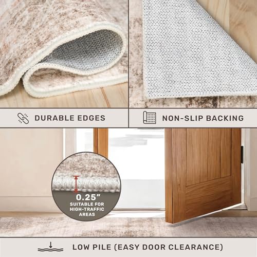 Image of Hazo Haus Washable 5x7 Area Rugs for Living Room, Neutral Beige & Peach Farmhouse Rug for Dining Room & Bedroom, Ultra Soft Low-Pile Non-Slip Stain Resistant