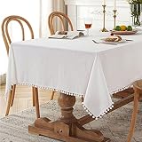 Fhberni Farmhouse Solid Color Cotton Rectangle Tablecloth Fabric Pompom Tassel Washable Table Cover