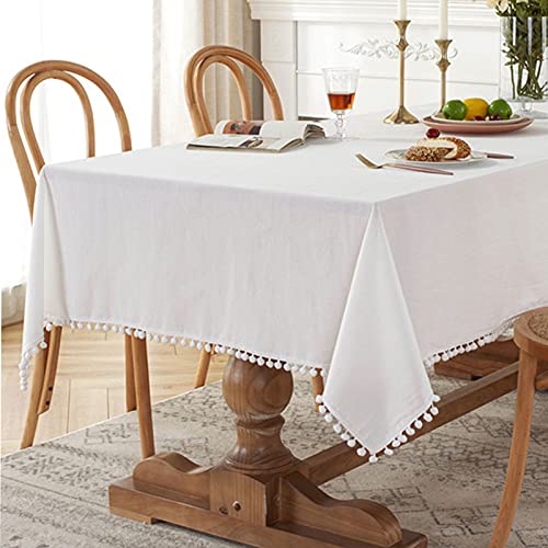 Fhberni Farmhouse Solid Color Cotton Rectangle Tablecloth Fabric Pompom Tassel Washable Table Cover for Kitchen Dinning Picnic Holiday Decoration(55" x 86", White)