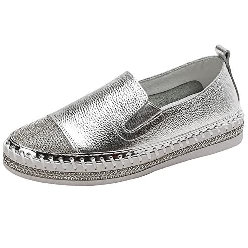 Julymens Mocasines de piel auténtica para mujer, zapatos planos elegantes con diamantes de imitación casuales, plateado, 39 EU