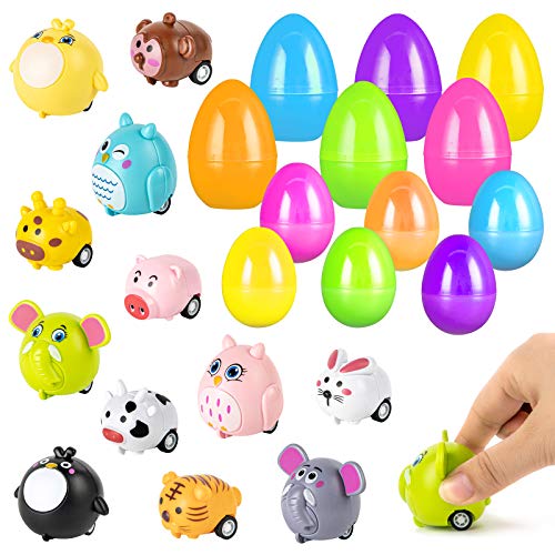 LovesTown 12 PCS Easter Eggs with Toys Inside, Easter Stuffed Eggs with Animal Pullback Toy Cars Surprise Eggs Easter Theme Party Favor for Easter Eggs Hunt Game Easter Basket Stuffer