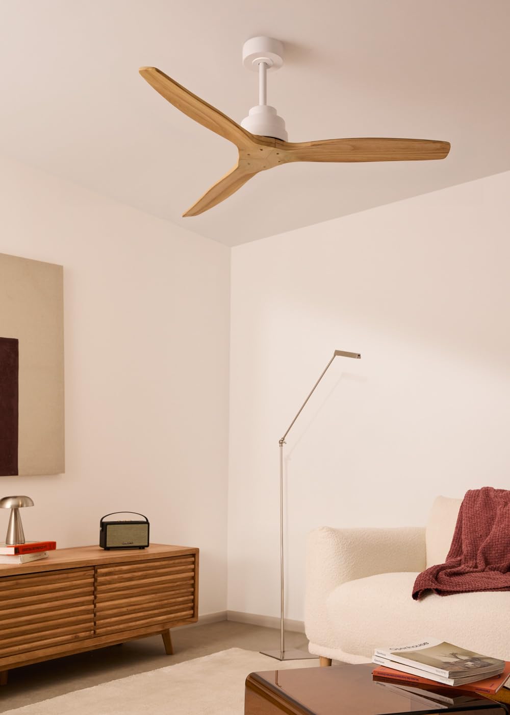 CREATE / WINDSTYLANCE NATURAL WOOD/Ventilateur de plafond avec télécommande, blanc pales en bois naturel / 40W, Silencieux, Ø132 cm, 6 vitesses, minuterie, été-hiver, double hauteur