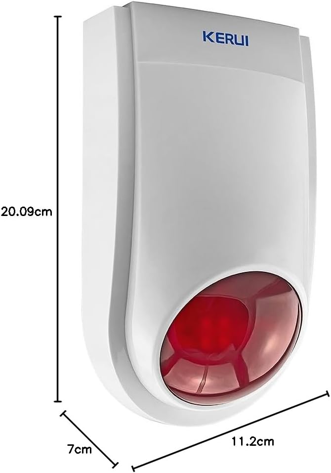 Dimensions of KERUI J008 siren: 20.09cm height, 11.2cm width, 7cm depth