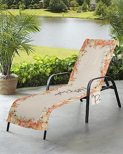 Elegant Flower Pumpkins Beach Chair Towel Covers for Chaise Lounge with Side Pocket, Soft Plush Pool Towels Cover for Patio Sunbathing Outdoor 29''x85'' Fall Aesthetic Eucalyptus Leaves