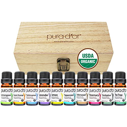 PURA D’OR Organic Perfect10 Essential Oils Set – 10x 10m Wood Box Aromatherapy Gift Set – 100% Pure Therapeutic Grade for Relaxation and Wellness (Lavender, Peppermint, Eucalyptus, Tea Tree and More)