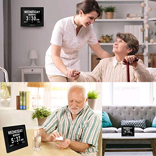 Image of Lemnoi 8'' LCD Digital Day Clock Calendar with Date /Day /Time, 8 Languages Auto-Dimming Digital Clock with 12 Programmable Alarms, Reminders Clock for Alzheimer Elderly & Child (Black)