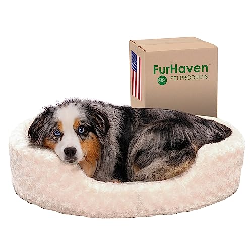 Furhaven Dog Bed For Large/Medium Dogs W/ Removable Washable Cover & Pillow Cushion Insert, For Dogs Up To 30 Lbs - Ultra Plush Faux Fur Oval Lounger - Cream, Large #TOP9