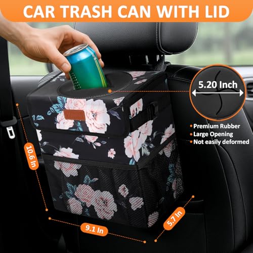 Image of Vankor Car Trash Can with Lid , 100% Leak-Proof Vehicle Trash Can Hanging Car Garbage Can for Back Seat Multipurpose Car Trash Bag Black Floral