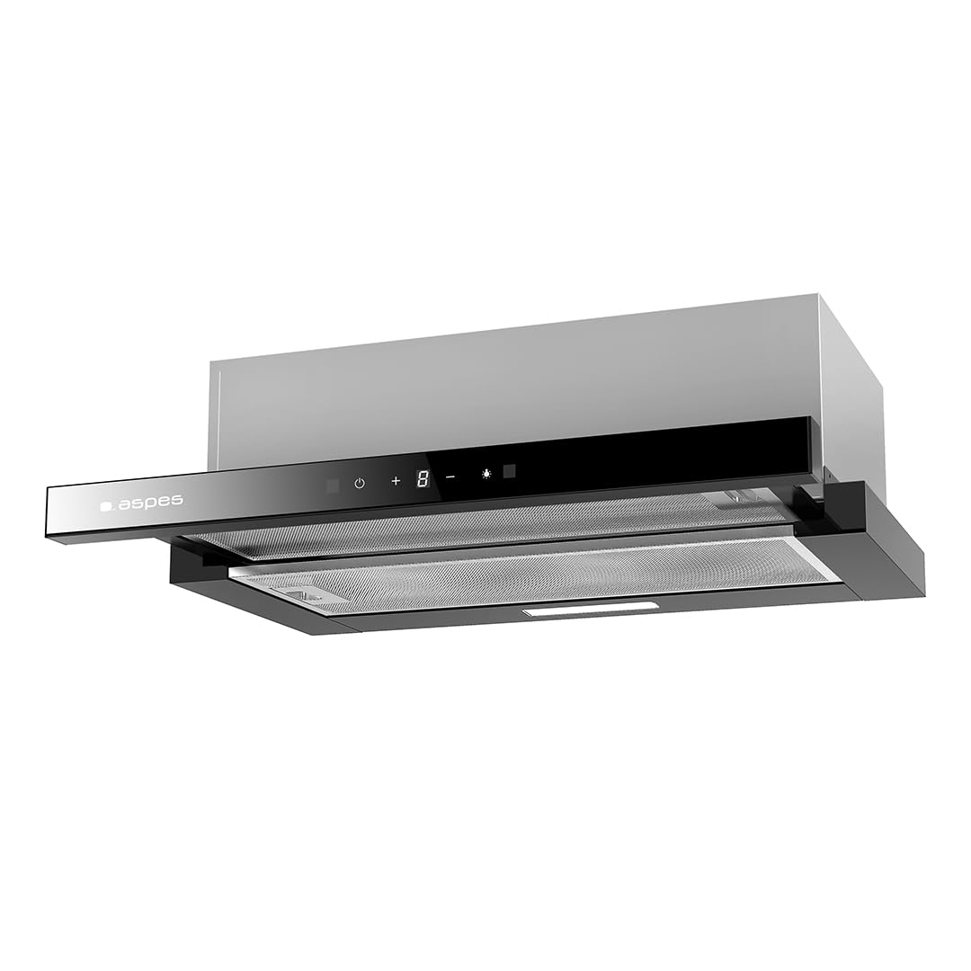Aspes Campana Extractora Telescópica 60cm, Cristal Negro, ACPE602ADX. Potencia 372m3/​h, 3 Velocidades, 2 Filtros, 65 dB Nivel Sonoro, Control Táctil, Filtro apto para Lavavajillas