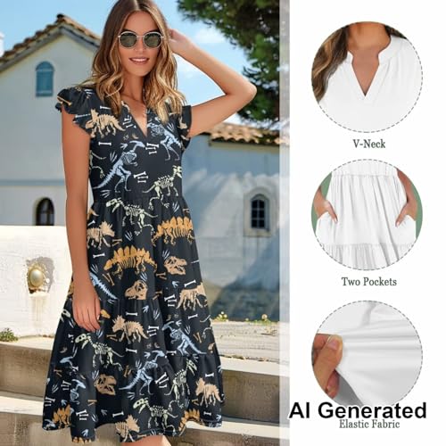 Image of Womens Summer Dress Ruffle Sleeve V Neck Dress Casual Fit Flowy Beach Vacation Sundress with Pocket S-2XL