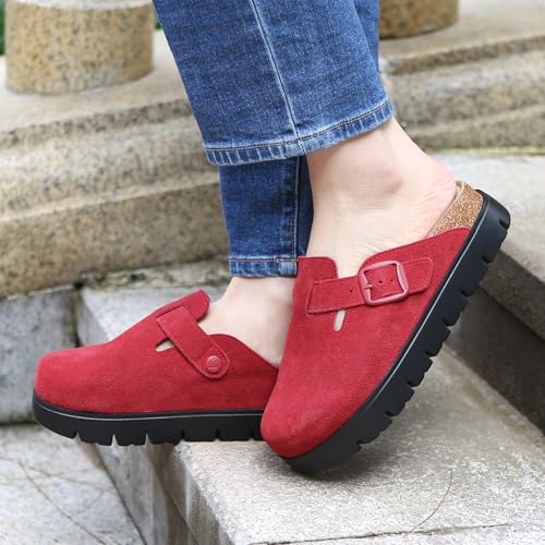 Image of Women's Suede Platform Clogs Leather Mules Slip On Indoor Outdoor Shoes | Arch Support, Cork Footbed, Adjustable Buckle,All Day Comfort