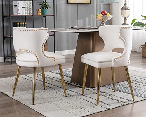 Cimota Velvet Dining Chairs Set Of 2 Modern Upholstered Armless Accent Chairs With Open Back/Gold Legs Kitchen & Dining Room Chairs Comfy Side Chairs For Dining Room/Living Room, Beige/2Pcs #TOP2