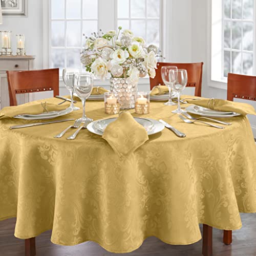 Elrene Damask Tablecloth, Polyester, Gold, 90" (Round), 90 inch (Round)