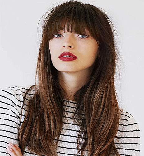 LEMEIZ Ombre Brown Wigs with Blunt Bangs Synthetic Brown Hair Wig for Women Natural Wavy Wig with Fringe Ombre Wigs uk 20 inch LEMEIZ-130