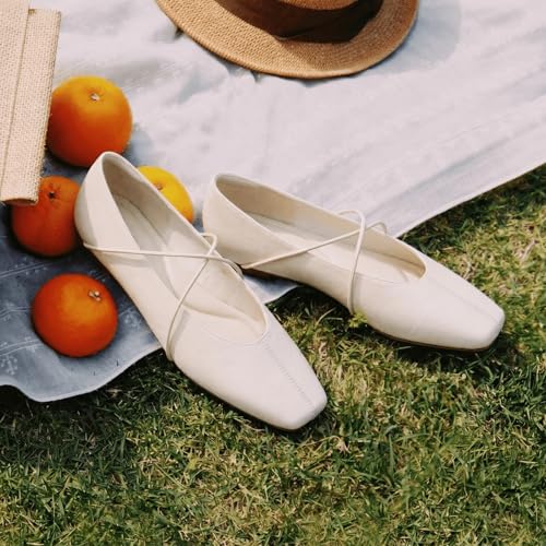 Image of Coutgo Womens Square Toe Ballet Flats Comfortable Slip On Mary Jane Flats Crisscross Strap Work Casual Shoes