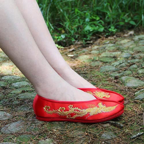 Vintage Women Flats Bride Shoes Chinese Wedding Satin Dragon Phoenix Embroidered Breathable Soft Single Ballet Shoes Woman (Color : Green, Size : 5 Code) (Green 9 Code)3