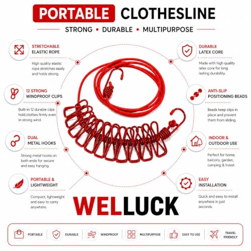 Image of WELLUCK 1 Pc Elastic Clothes Drying Rope with Hooks & 12 Clips | Portable Hanging Clothesline for Travel, Home, Balcony & Outdoor Use | Kapde Sukhane Ki Rassi Wire | Strong Stretchable