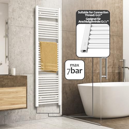 aquamarin® sèche serviette pour salle de bain mural, en acier, vertical, connexion moyenne ou latérale, blanc radiateur, centrale pour salle de bain, chauffe serviette (1800x600 mm, latérale)