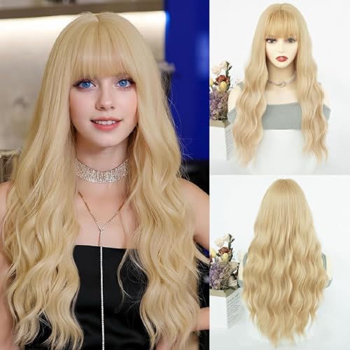 QAUARUMSUN Long Blonde Wig with Bangs 26 Inch Long Wavy Blonde Wigs for Women Synthetic Blonde Daenerys Hair Wigs Natural Looking Daily Cosplay Party Halloween