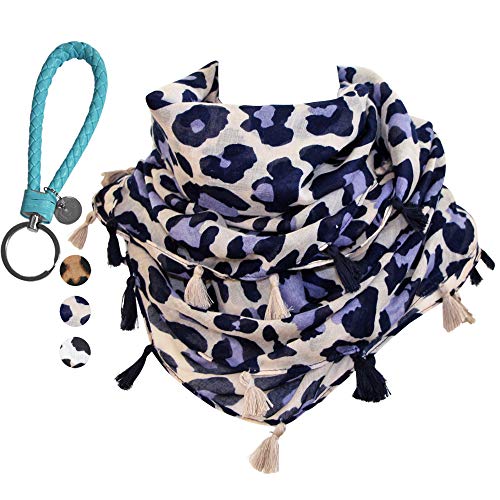 Leopard Print Women Scarf â€“ Casual Cheetah Viscose Scarf â€“ Tassel Animal Print Scarf, Wrap Shawl, Holiday Gifts (One Size, Blue/Ivory)