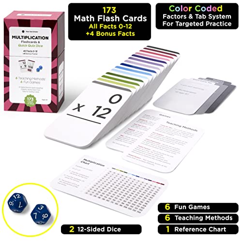 Image of Award-Winning Multiplication Flash Cards - 173 Jumbo Cards (3.1 inch x 5.2 inch), All Facts 0-12 - 1 Fact & Visual Aid Per Card - Includes 2 Bonus Math Dice, Games, Charts & Mastery Divider Tabs - Grades 2-6