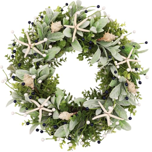 22 Inch Coastal Summer Beach Wreaths for Front Door, Artificial Eucalyptus Greenery Wreath with Starfish Conch Seashell Navy Blue & White Berries, Nautical Ocean Seaside Wreath for Porch Wall Decor