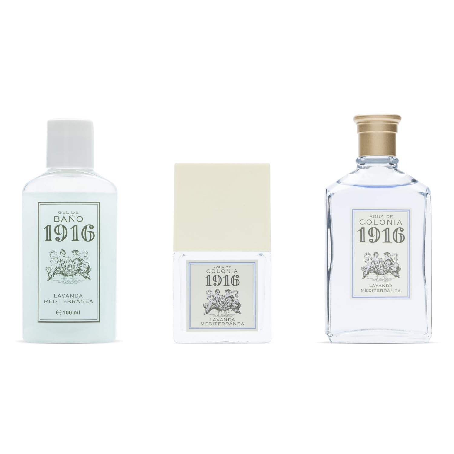 1916 - Lavanda Mediterránea Estuche de Regalo Mujer y Hombre, Agua de Colonia, Colonia 100 ml + 30 ml + Gel de Baño 100 ml, Perfume Unisex, Fragancia Fresca y Floral, Aroma de Larga Duración
