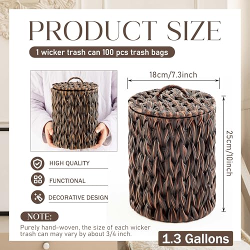 Image of Ctosree 1.3 Gallons Small Trash Can with Lid Handle Boho Woven Braided Bathroom Waste Basket Trash Can with 100 Garbage Bags for Bedroom Office Laundry(Braided Polypropylene, Dark Brown)