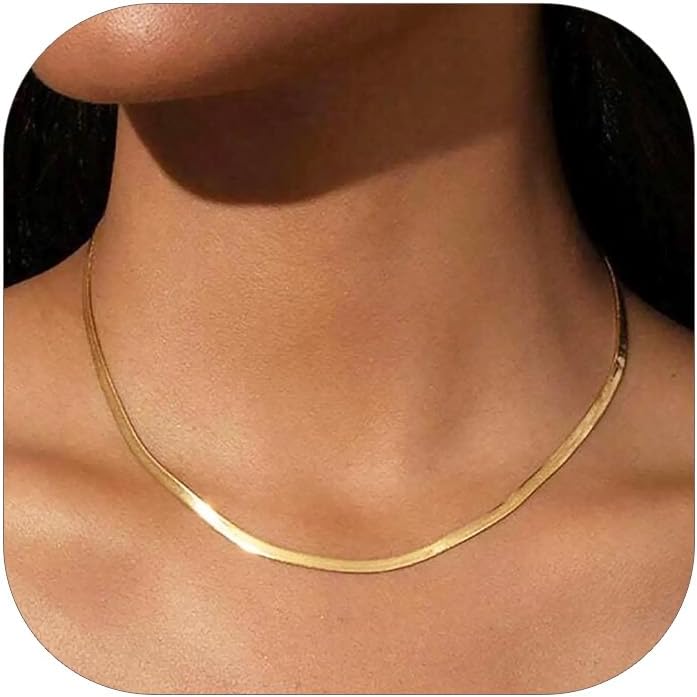 FOCALOOK 14K Gold Plated Necklaces for Women, Fashion Herringbone Choker Necklace Stainless Steel Flat Snake Chain 3/5MM(W) 12.5"/15"/18"+3.5"(L)