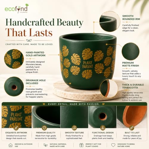 Image of ecofynd 4.5 Inch Monstera Terracotta Pot for Indoor Plant, Decorative Clay Planter for Home, Living Room, Balcony, Office & Garden, Flower Pot for Herbs & Houseplants (TPOT006-GRN)