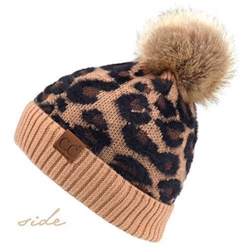 Image of C.C Exclusives Soft Beanie hat with Leopard Pattern and Fur Pom(HAT-7001)(SF-7001)