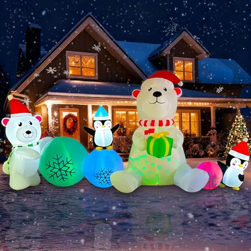 SEASONBLOW 10 FT Long Christmas Inflatable Polar Bear Snowball Decoration, Colorful Rotating LED Lights Blow Up Xmas Polar Bear with Snowball and Penguin Decor for Yard Garden Outdoor Holiday Party