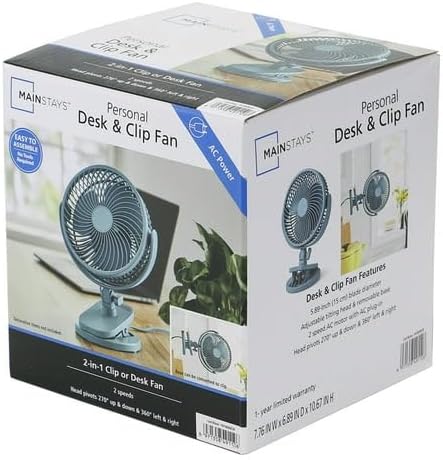 6-Inch New Desktop Or Clip-On AC Electric Personal Indoor Fan With 2 Speeds, Adjustable Tilting Head Rotates 360°, Easily Converts To Clip Or Table Fan (Cool Water)