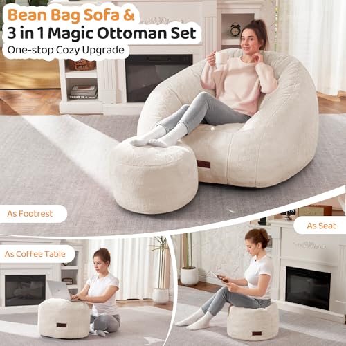 Image of HABUTWAY Bean Bag Chair, Giant Bean Bag Chairs for Adults with Ottoman, Comfy Faux Fur Shell-Shaped Bean Bag Couch, Sofa Chair for Living Room, Bedroom, White