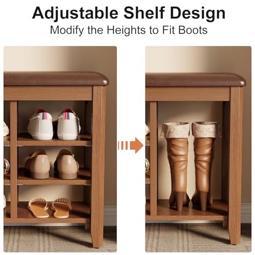 Entryway Bench with Cushion and Shoe Storage Rack - 3-Tier Shoe Organizer for Entryway, Bedroom, Hallway (Walnut, 39.4)