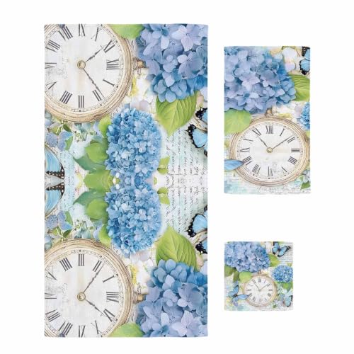 Blue Hydrangea Retro Bath Towels for Bathroom Set - Luxury Microfiber Towels Gifts for Women, Quick Dry Beach Kitchen Hand Hair Face Towel and Dish Washcloth, Spring Summer Clock Butterfly Towel Set